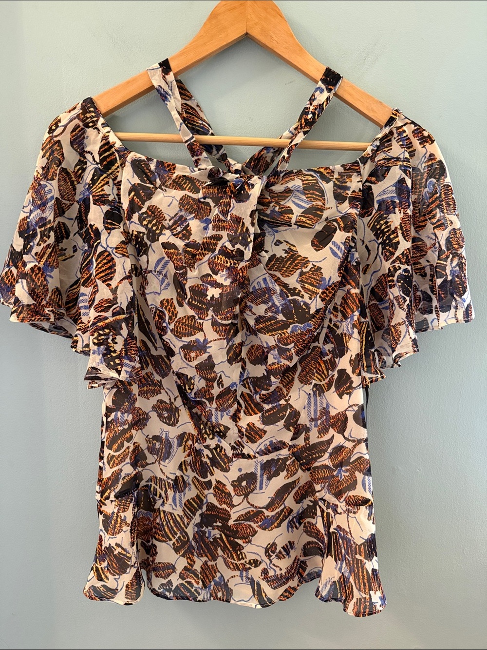 Derek Lam Silk Flutter Sleeve Top in Cream, Brown and Blue